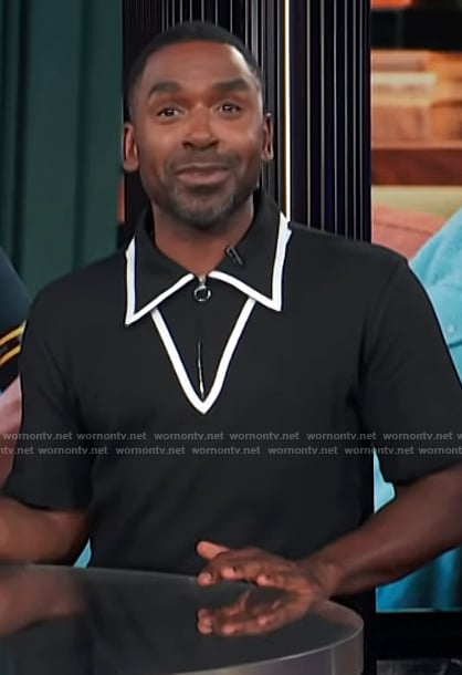 Justin’s black contrast collar shirt on E! News