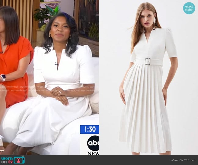 Karen Millen Tailored Structured Crepe Forever Pleat Midi Dress in Ivory worn by Rachel Scott on Good Morning America