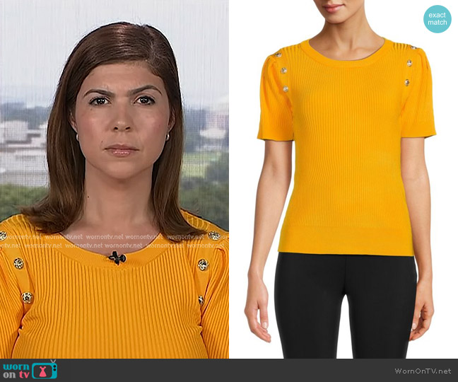 Karl Lagerfeld Ribbed Crewneck Top in Yellow worn by Monica Alba on NBC News Daily