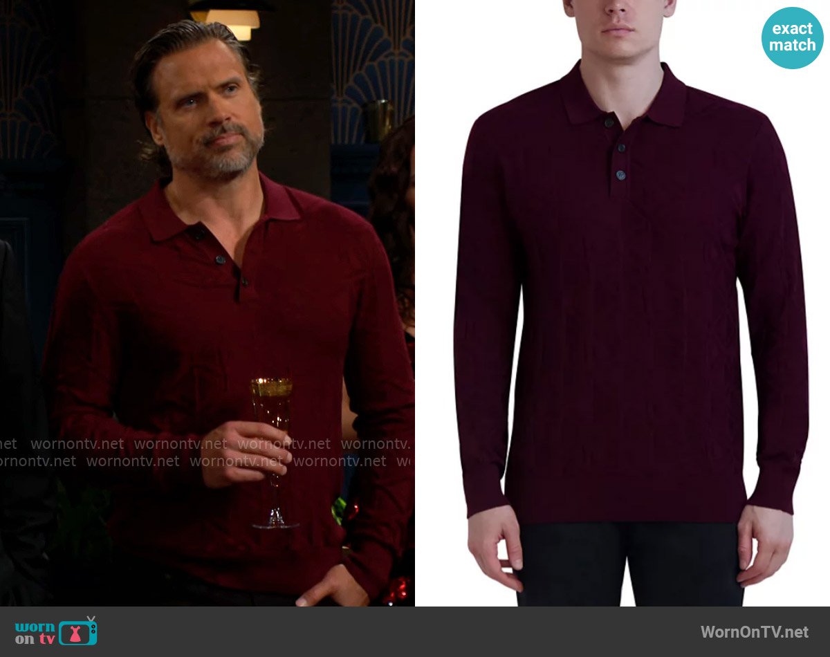 Karl Lagerfeld Paris Embossed Sweater Polo in Wine worn by Nick Newman (Joshua Morrow) on The Young and the Restless