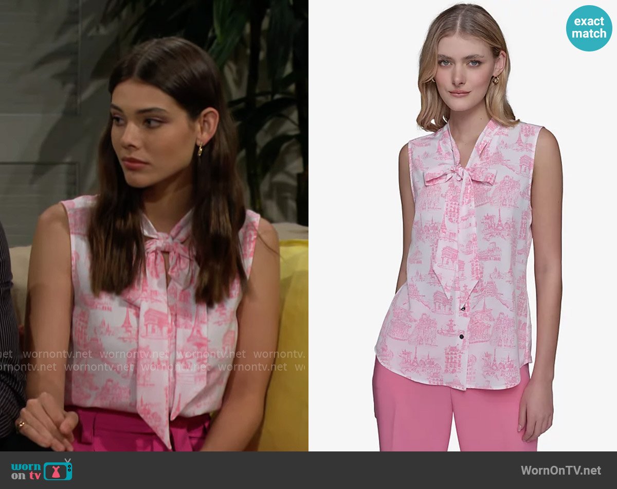 Karl Lagerfeld Paris Printed Tie-Neck Blouse in Pink Sherbet worn by Electra Forrester (Laneya Grace) on The Bold and the Beautiful