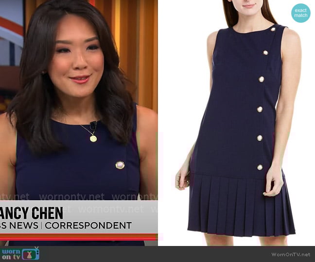 Karl Lagerfeld Paris Sleeveless Dress with Pleated Hem and Side Pearls worn by Nancy Chen on CBS Mornings