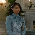 Kat’s denim tie-neck shirt and patchwork mini dress on Beyond the Gates