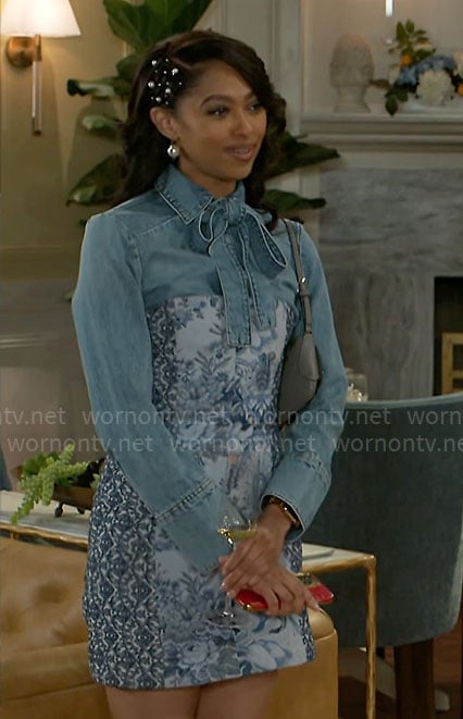 Kat's denim tie-neck shirt and patchwork mini dress on Beyond the Gates