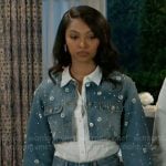 Kat’s embellished denim jacket and shorts set on Beyond the Gates