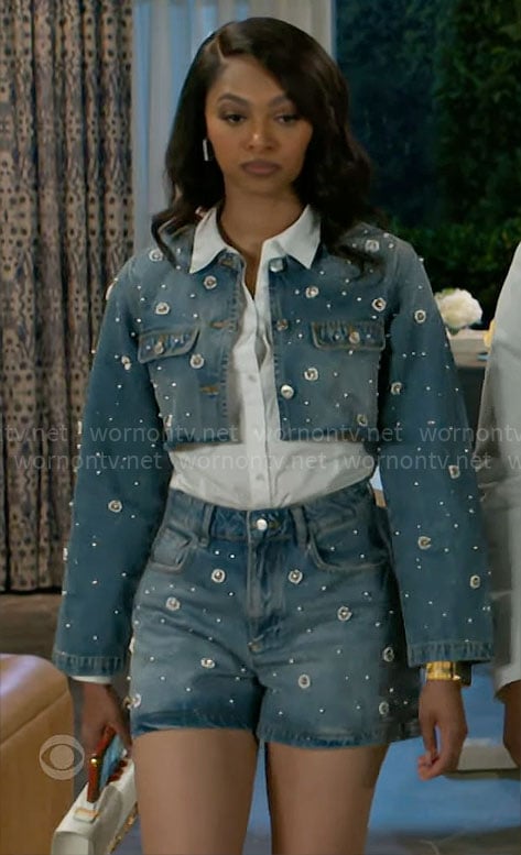 Kat's embellished denim jacket and shorts set on Beyond the Gates