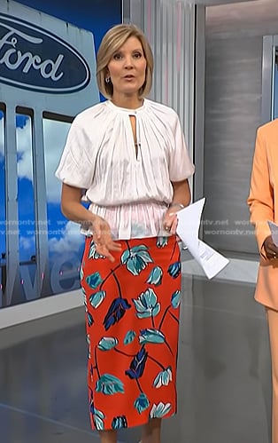 Kate’s white keyhole top and red floral skirt on NBC News Daily