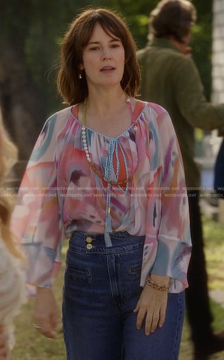 Charlotte's abstract print tie neck blouse on And Just Like That