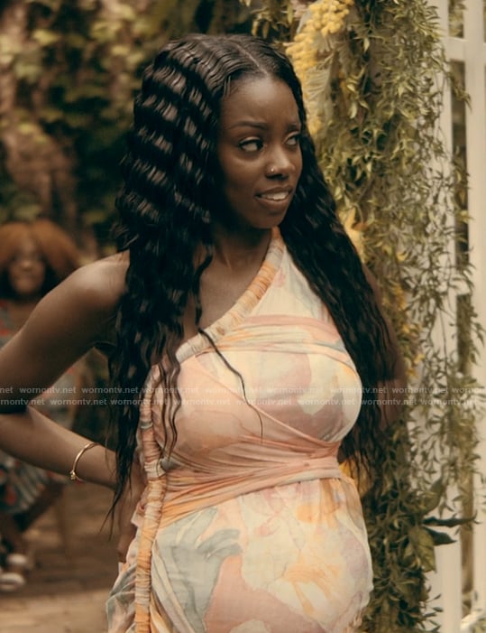 Kiesha's floral one shoulder dress on The Chi