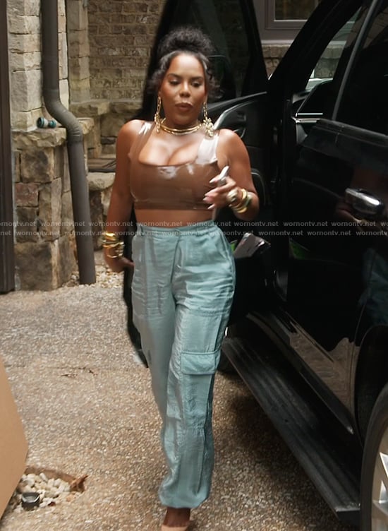 Kelli’s brown leather crop top and pants on The Real Housewives of Atlanta