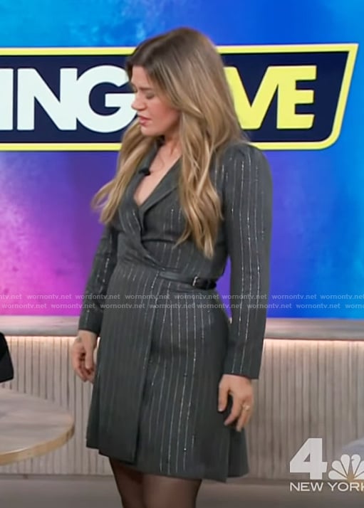 Kelly's gray metallic stripe blazer dress on The Kelly Clarkson Show