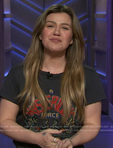 Kelly’s black Mysterious Force graphic tee on The Kelly Clarkson Show