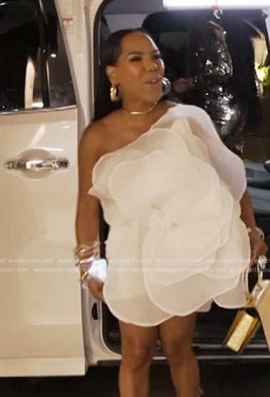 Kelli’s white floral applique mini dress on The Real Housewives of Atlanta