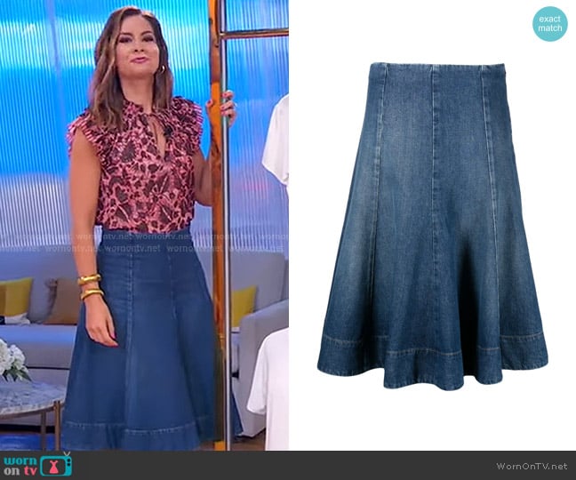 Khaite Lennox Denim Midi Skirt worn by Rebecca Jarvis on Good Morning America