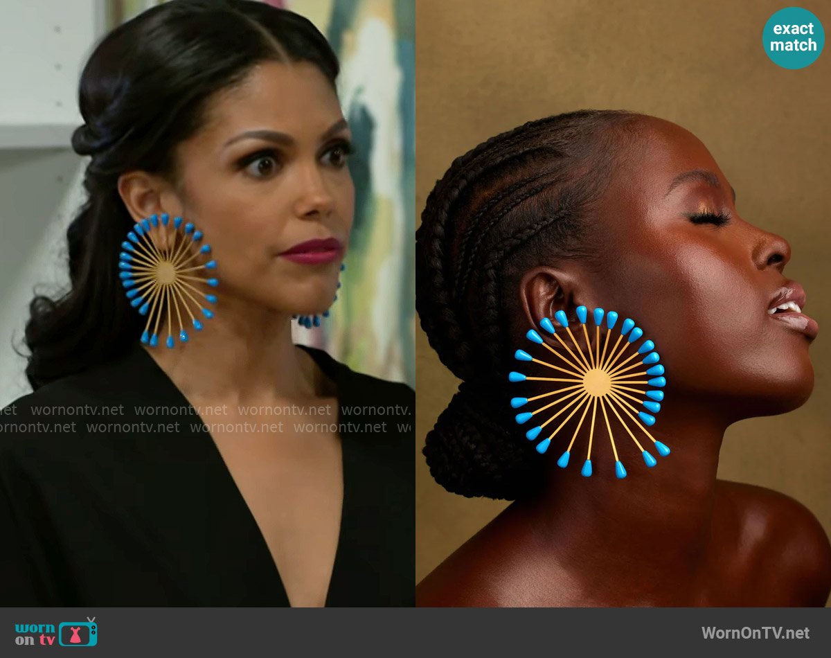 Khoi Jira Earrings in Large Blue worn by Dani Dupree (Karla Mosley) on Beyond the Gates