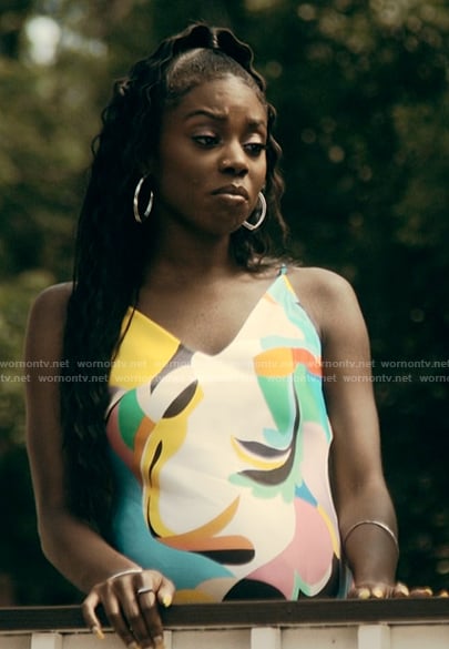 Kiesha's abstract print dress on The Chi