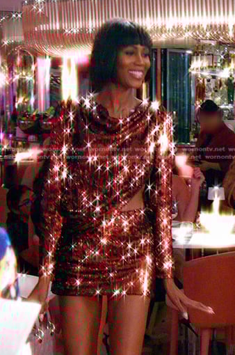 Kiki's brown sequin cutout mini dress on The Real Housewives of Miami