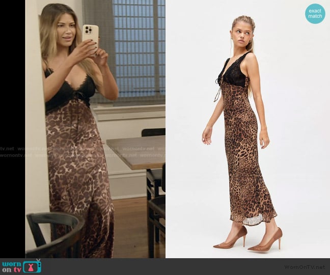 Urban Outfitters Kiss The Sky Moss Lace & Leopard Print Midi Dress worn by Demi Engemann on The Secret Lives of Mormon Wives