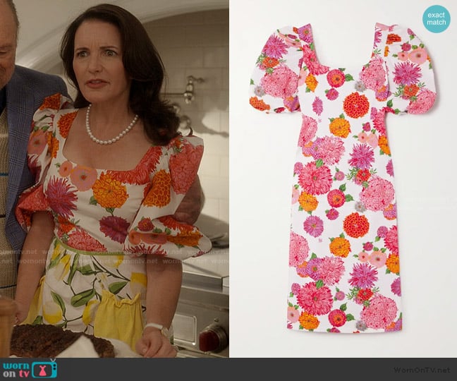 LA DoubleJ Sizzler open-back floral-print stretch cotton-poplin midi dress worn by Charlotte York (Kristin Davis) on And Just Like That