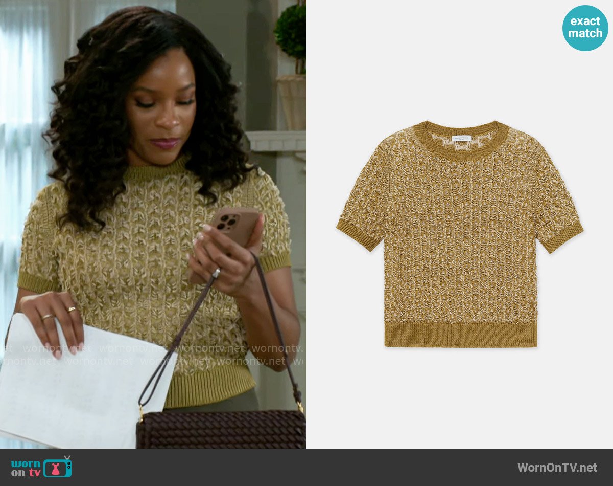 Lafayette 148 New York Softspun Silk-Organic Cotton Textured Stitch Sweater in Desert Grass / Plaster worn by Naomi Hamilton Hawthorne (Arielle Prepetit) on Beyond the Gates