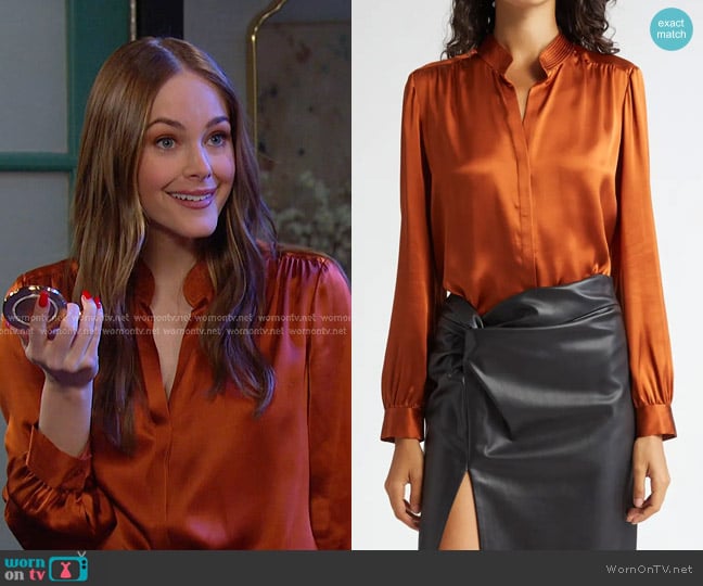 L'Agence Bianca Silk Satin Blouse in Rich Ginger worn by Stephanie Johnson (Abigail Klein) on Days of our Lives