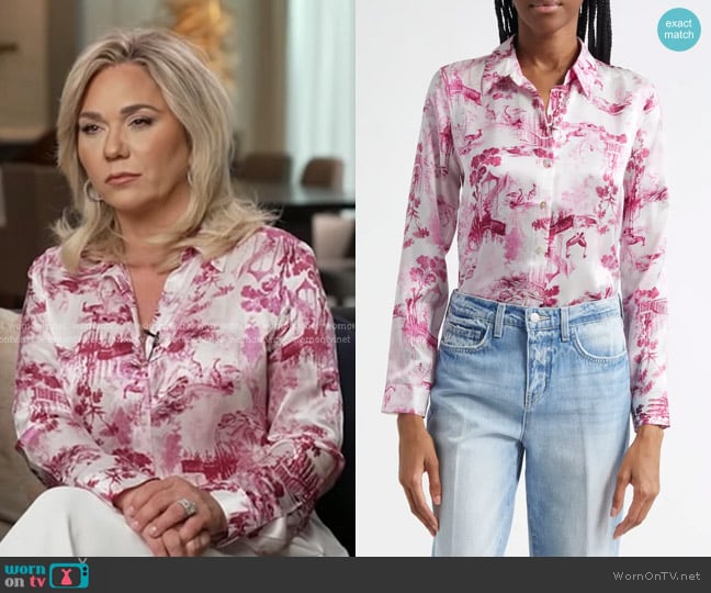 L'Agence Tyler Shirt in White/ Pink Porcelain Toile worn by Julie Chrisley on Good Morning America