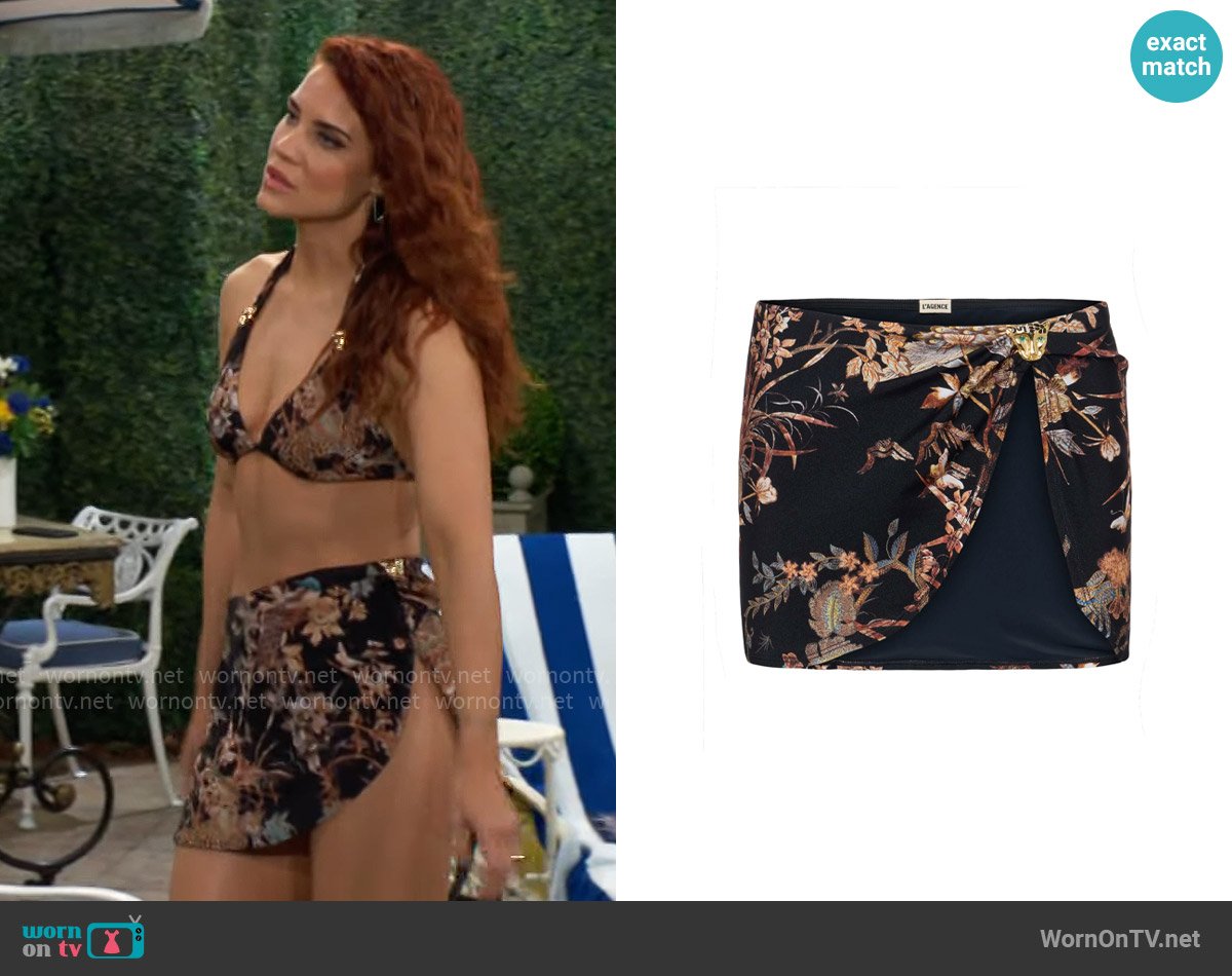 L'Agence Coco Mini Skirt Cover-Up in Black Multi Tapestry Jungle Print worn by Sally Spectra (Courtney Hope) on The Young and the Restless