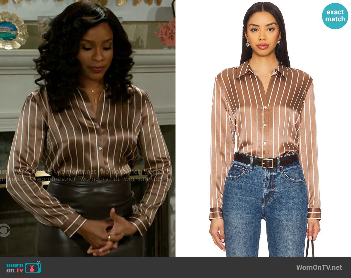 L'Agence Tyler Blouse in Chocolate Malt & Ecru Stripe worn by Naomi Hamilton Hawthorne (Arielle Prepetit) on Beyond the Gates