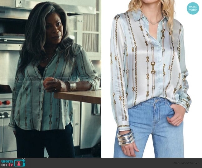 L'Agence Tyler Multi-Striped Belt Silk Blouse worn by Catherine Lancaster (Lorraine Toussaint) on The Better Sister