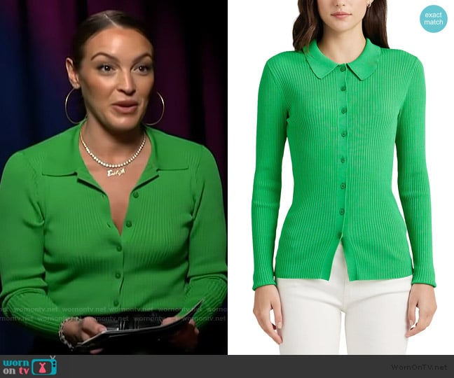 Lauren Ralph Lauren Collared Rib Knit Cardigan worn by Emily Orozco on Access Hollywood