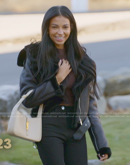 Layla’s black leather jacket on The Secret Lives of Mormon Wives