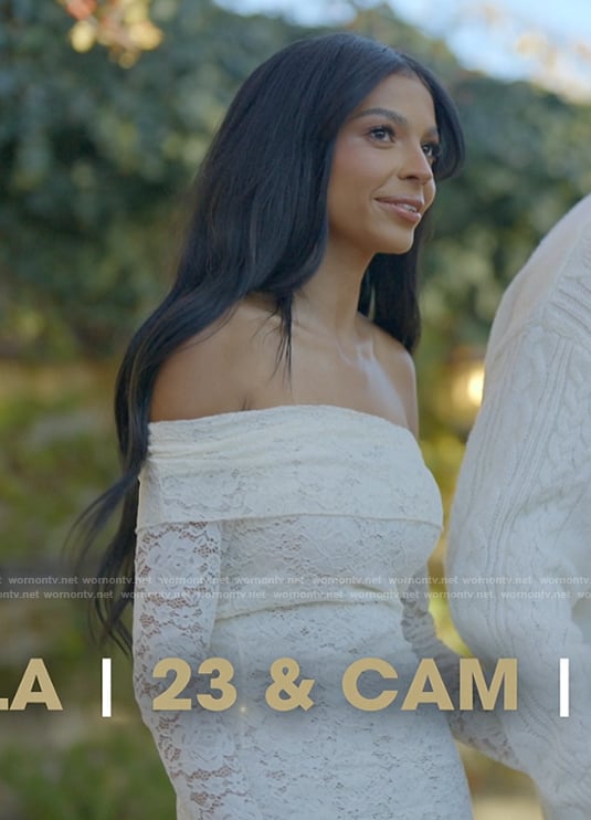 Layla's white lace off shoulder dress on The Secret Lives of Mormon Wives