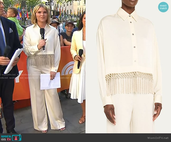 Lela Rose Fringe Button Down Crop Top in winter white worn by Jenna Bush Hager on Today