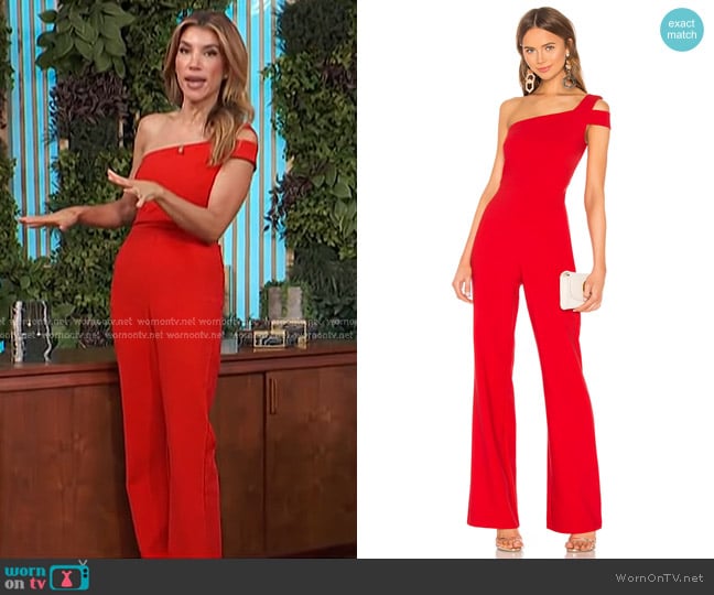 Likely Maxson Jumpsuit in Scarlet worn by Adrianna Costa on Access Hollywood