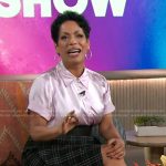 Liza Colon-Zayas’s violet satin shirt and skirt on The Kelly Clarkson Show