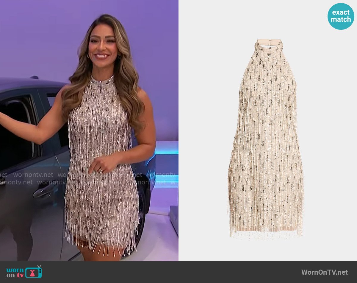 Liv Foster Bead & Sequin Fringe Halter Mini Dress worn by Manuela Arbeláez on The Price is Right