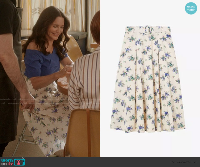 LK Bennett Elodie floral-print belted-waist cotton midi skirt worn by Charlotte York (Kristin Davis) on And Just Like That