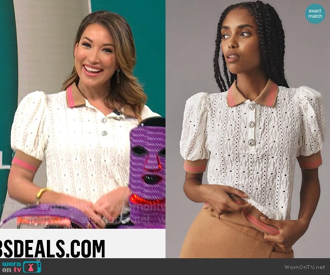 Maeve at Anthropologie Puff-Sleeve Lace Polo Top worn by Courtney Cason on CBS Mornings