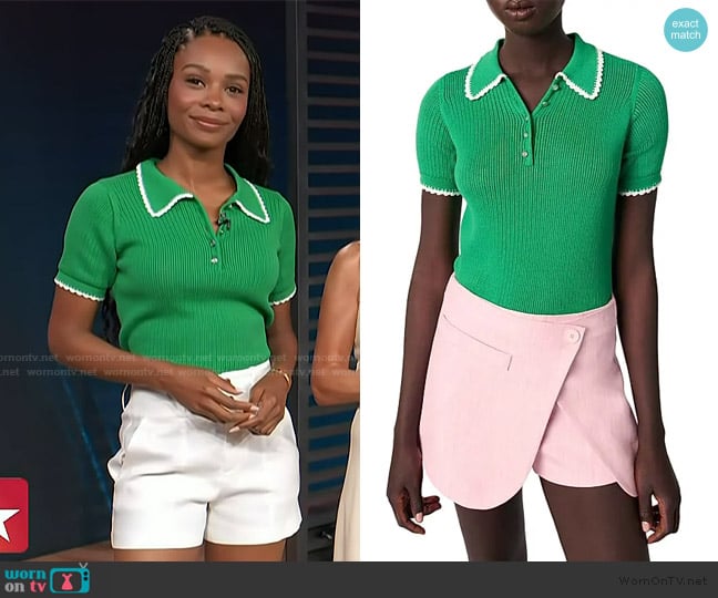 Maje Pointelle Knit Crochet Polo Shirt worn by Zuri Hall on Access Hollywood