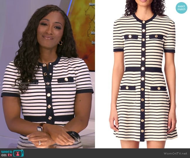 Maje Rib Knit Short Dress in Navy Ecru worn by Brittany Bell on Good Morning America