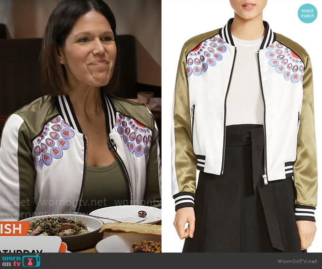 Maje Bamby Satin Bomber Jacket worn by Dana Jacobson on CBS Mornings