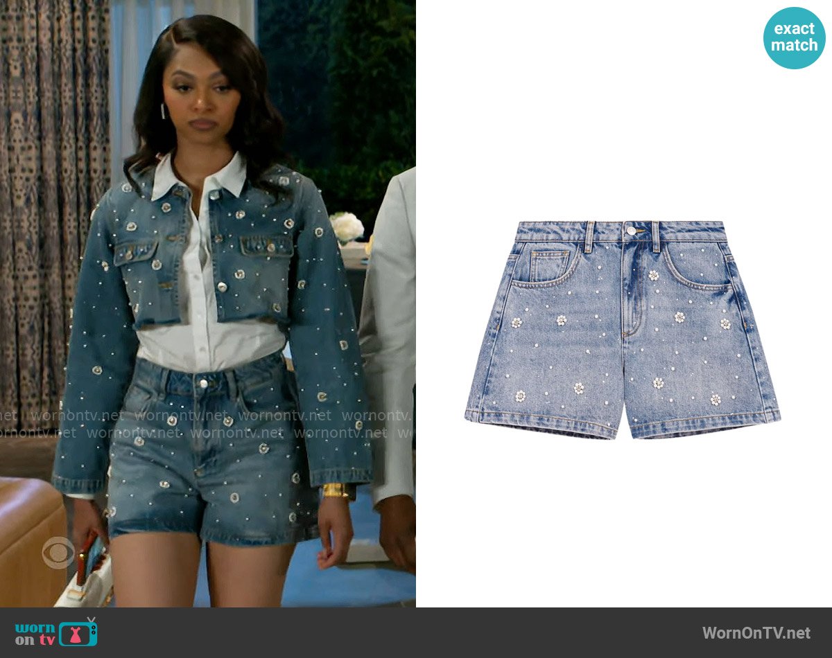 Maje Denim Shorts with Embroidered Beads worn by Kat Richardson (Colby Muhammad) on Beyond the Gates