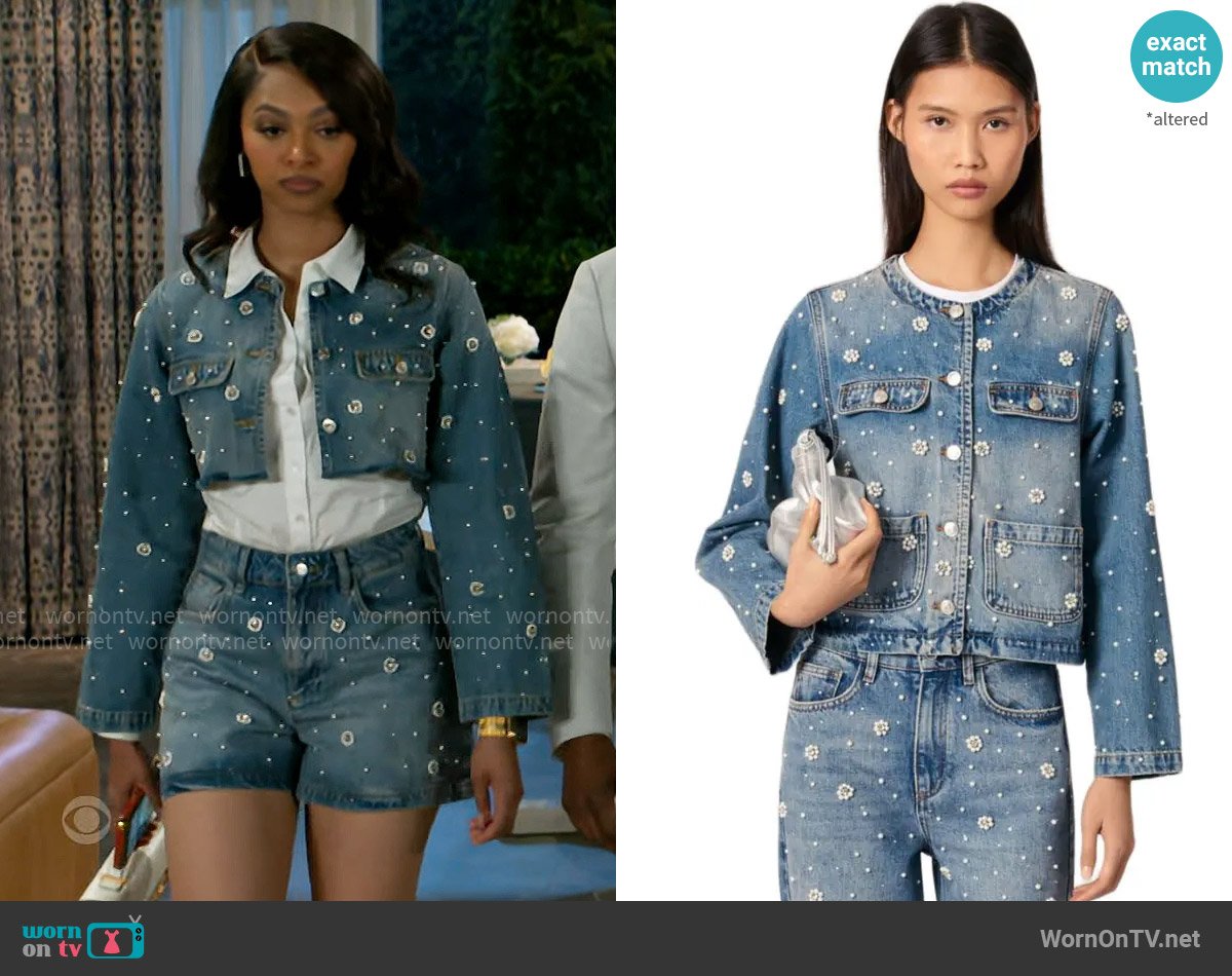 Maje Embellished Denim Jacket worn by Kat Richardson (Colby Muhammad) on Beyond the Gates