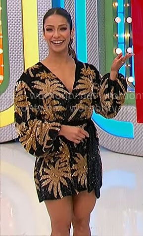 Manuela’s black and gold palm tree wrap dress on The Price is Right