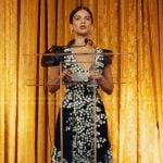 Maria’s black floral v-neck dress on The Better Sister