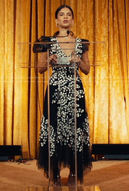 Maria's black floral v-neck dress on The Better Sister
