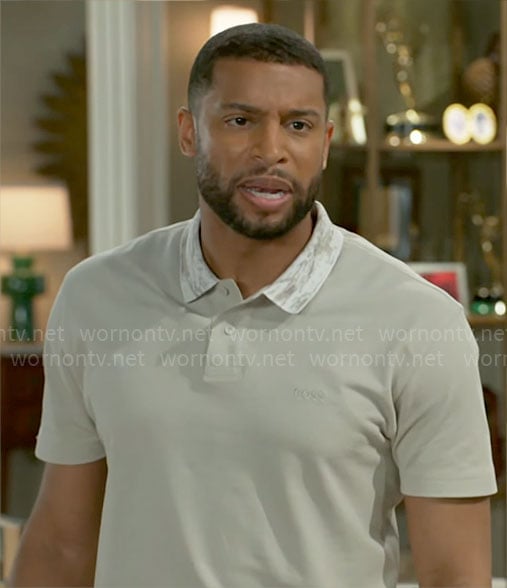 Martin’s beige polo shirt with printed collar on Beyond the Gates