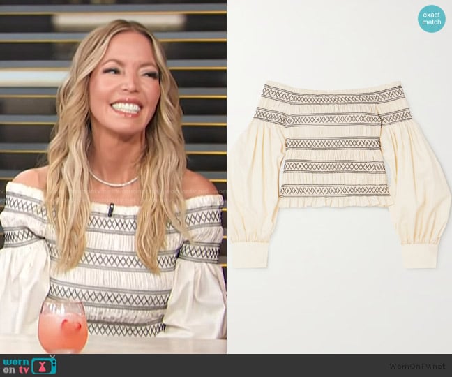 Max Mara Walk off the shoulder Top worn by Jeanie Buss on Access Hollywood