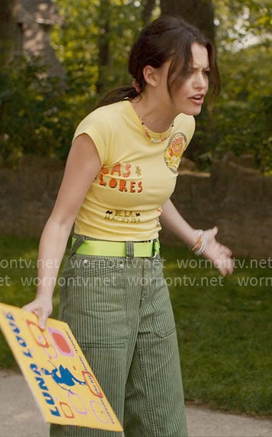 Maxine’s yellow printed top and green striped pants on Ginny & Georgia