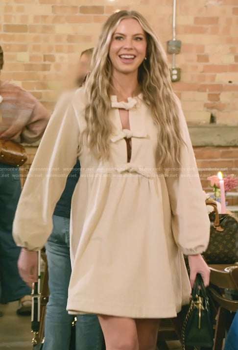 Mayci’s beige bow front dress on The Secret Lives of Mormon Wives